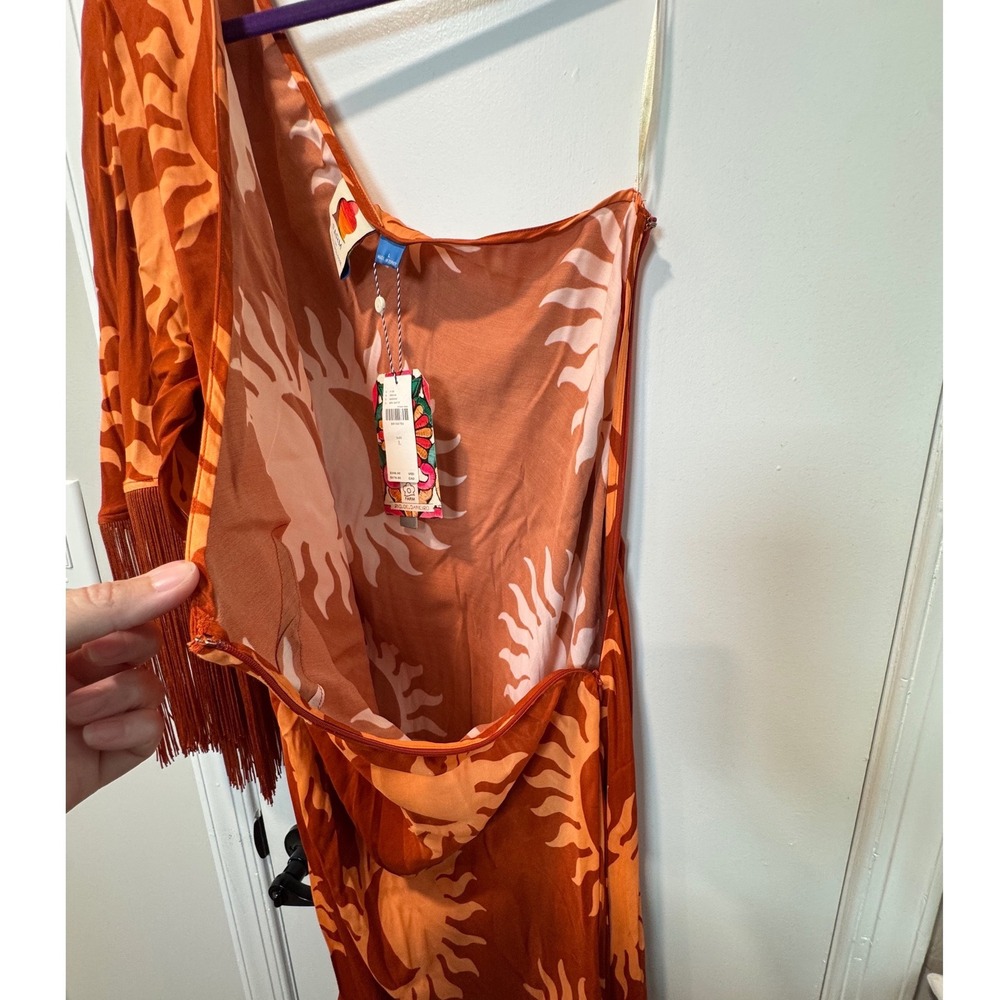 Farm Rio for Anthropologie Sun Motif One Shoulder Fringe Midi Dress Orange L NWT - Picture 9 of 13